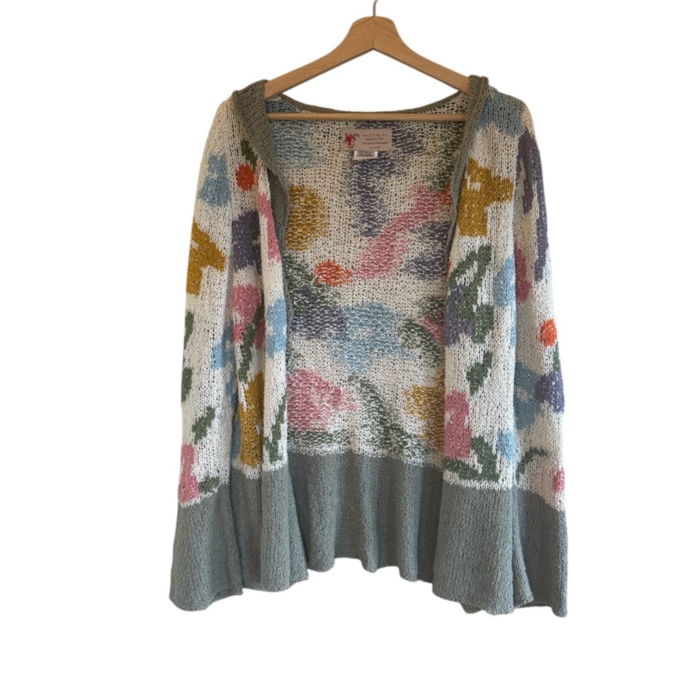 Multicolor Open-Front Knit Cardigan - Pastel Floral Pattern